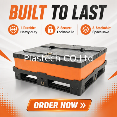 Collapsible Box for Storage and Transport, Foldable Pallet Box Heavy Duty Stackable, Bulk Container with Plastic Lid and Base
